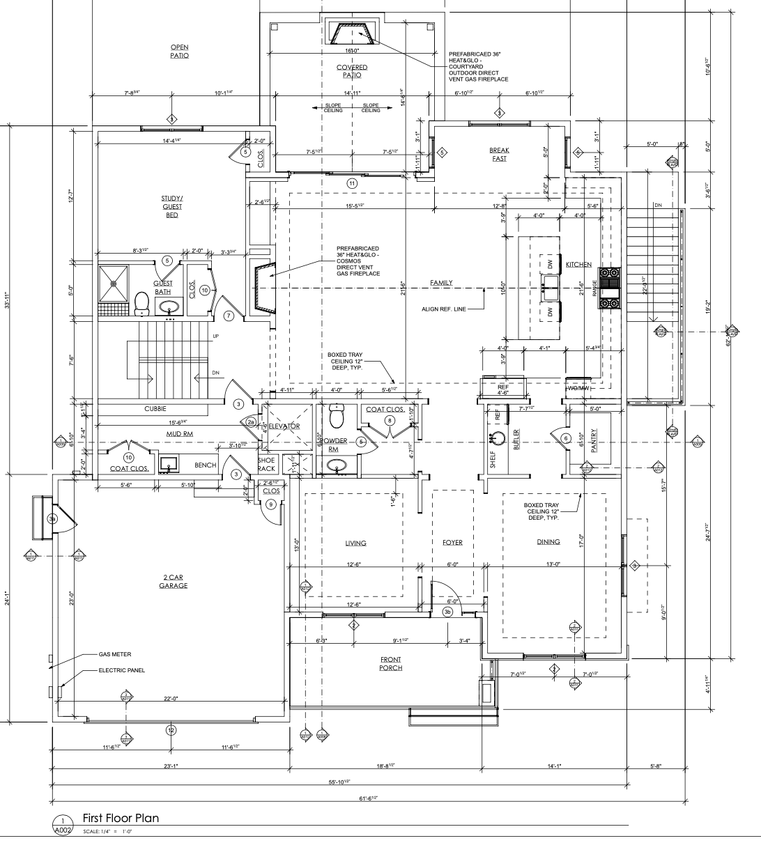 First floor plan with kitchen, family room, study, dining and 2-car garage