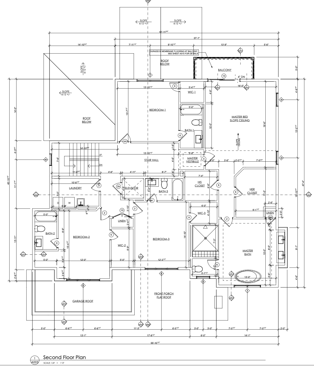 Second floor plan with master suite, three bedrooms and laundry
