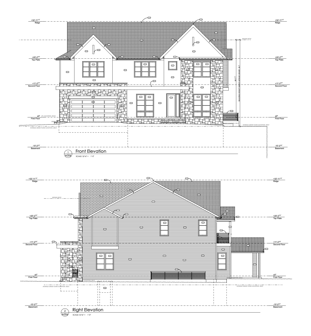 Front and right elevations for Laverock Ct custom home in Bethesda, MD