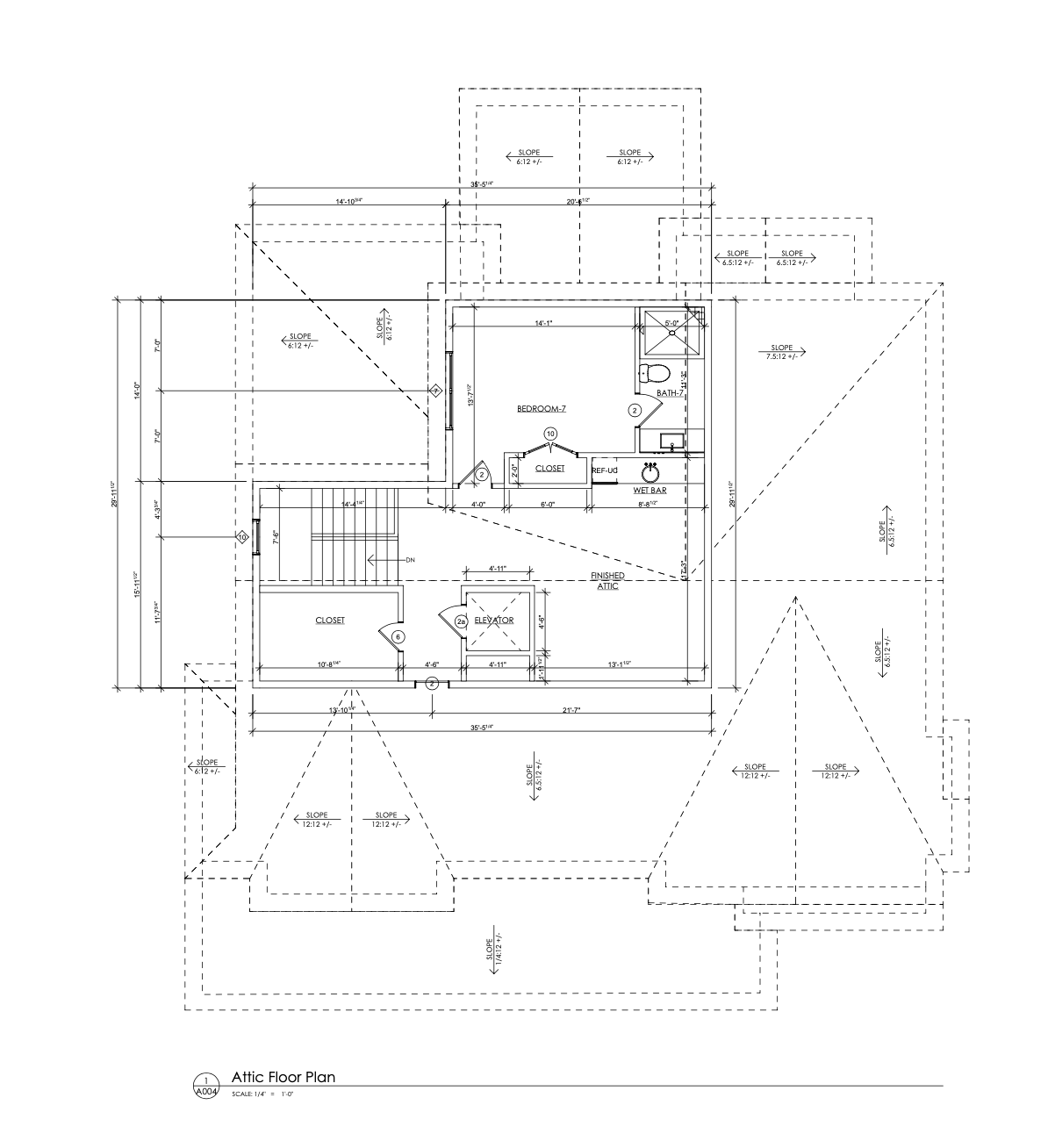 Finished attic plan with bedroom, bath and wet bar