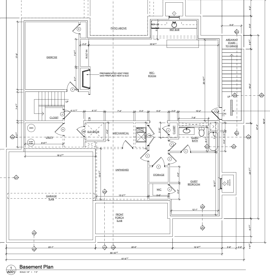 Basement floor plan with exercise room, rec room, guest suite and wet bar