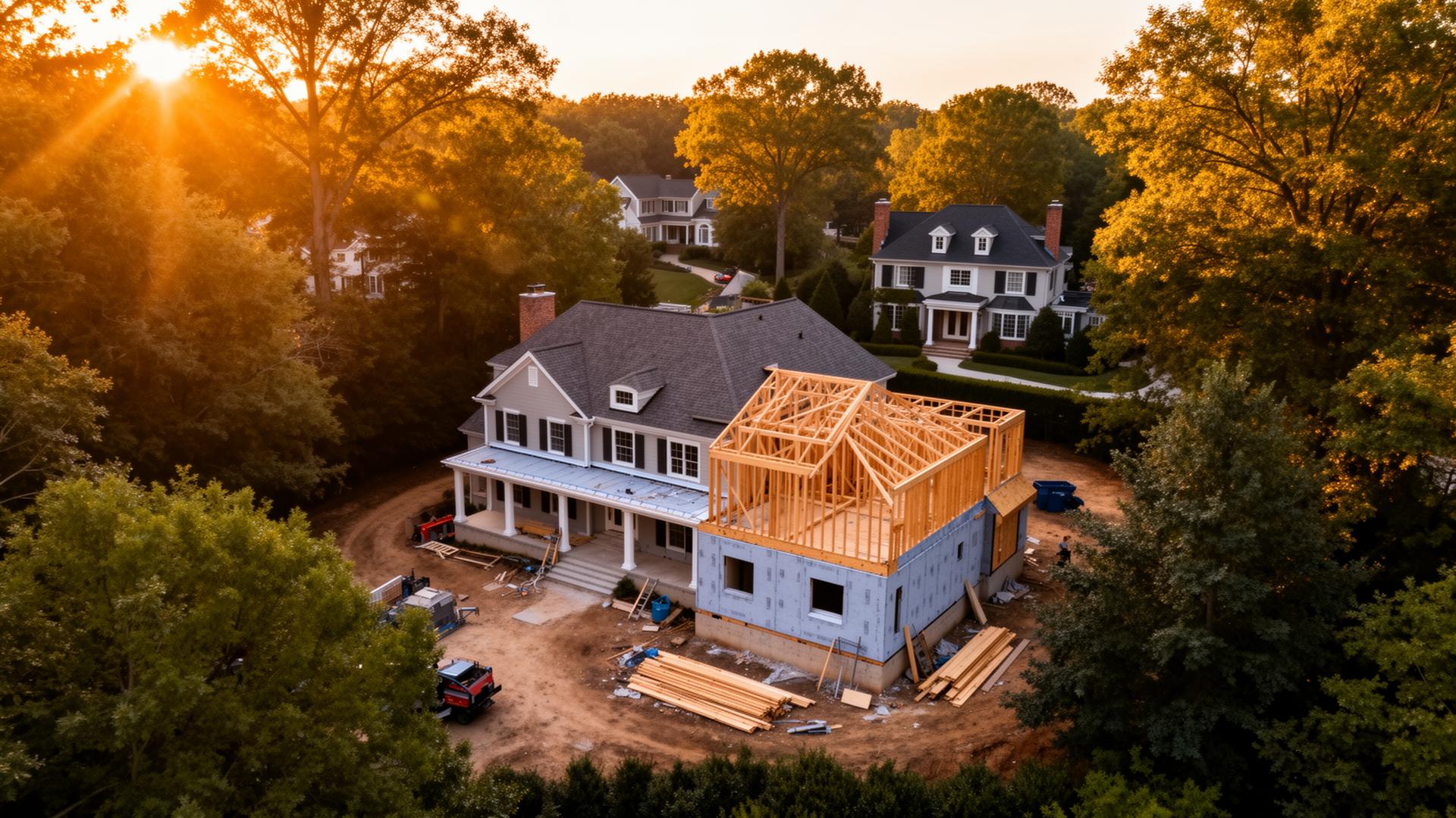 Major residential renovation with addition under construction in an upscale neighborhood