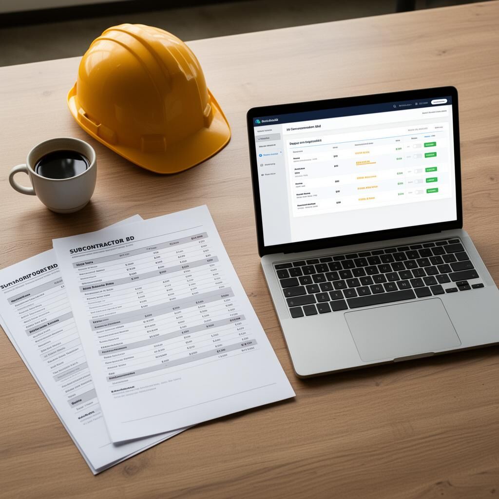 Subcontractor bid documents alongside a laptop running an apples-to-apples bid comparison dashboard