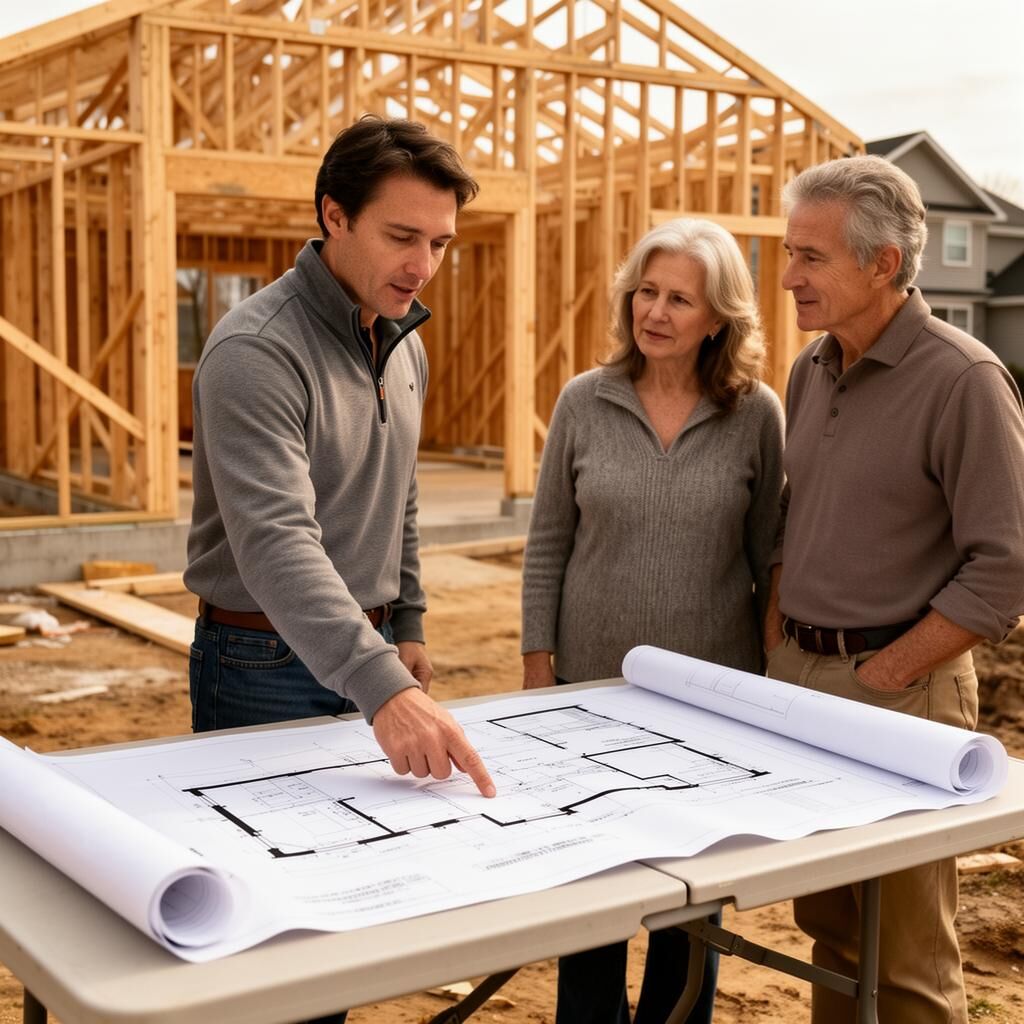 Construction consultant reviewing architectural plans with homeowners at a custom home job site in the DC suburbs